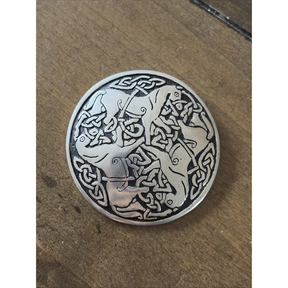 St. Justin Celtic Horse Brooch Womens Size 2" Silver Pewter Irish Knot Vintage
